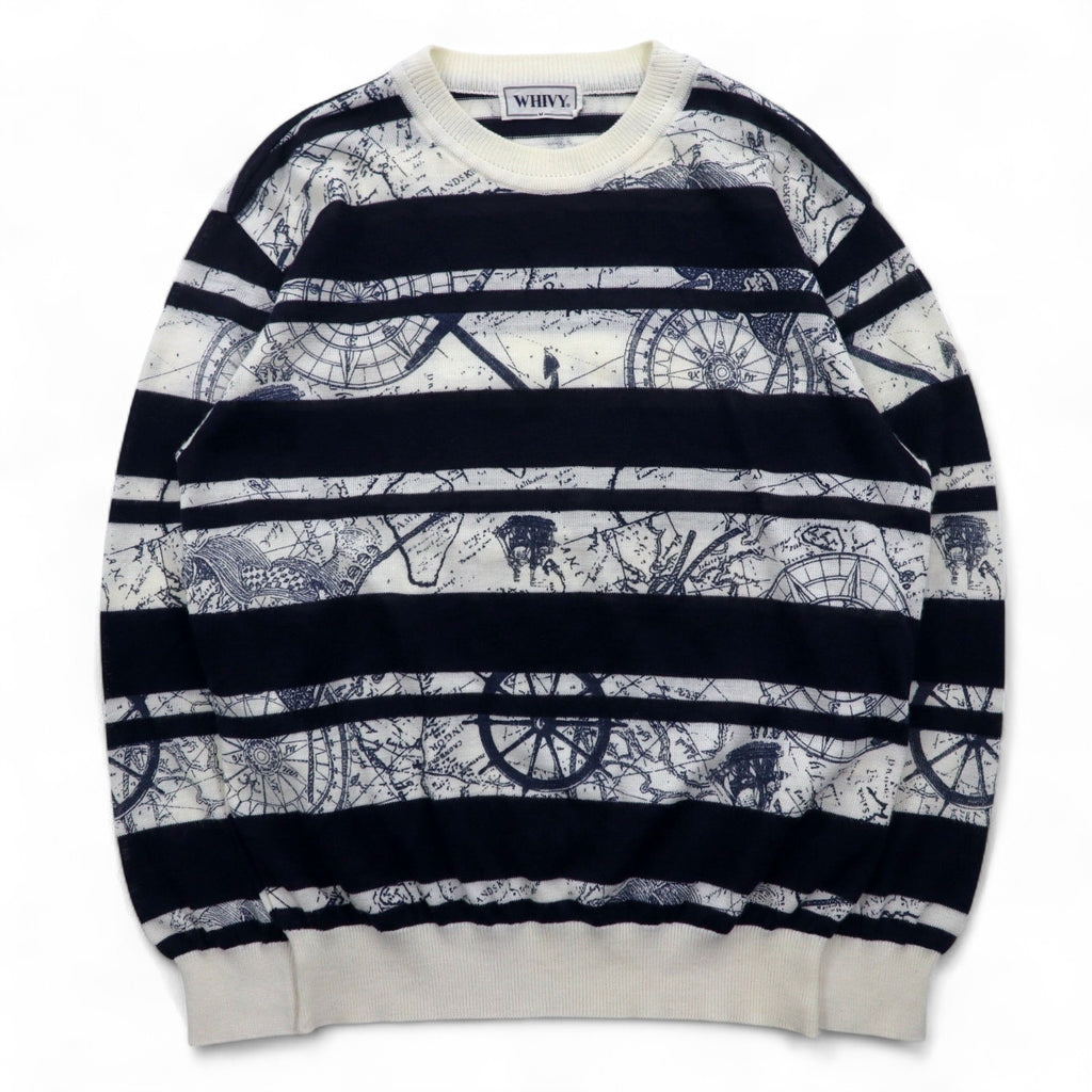 Vintage 90s Retro Striped Sweater WHIVY Linen Knit Sweater M White Border All-over Pattern Hemp