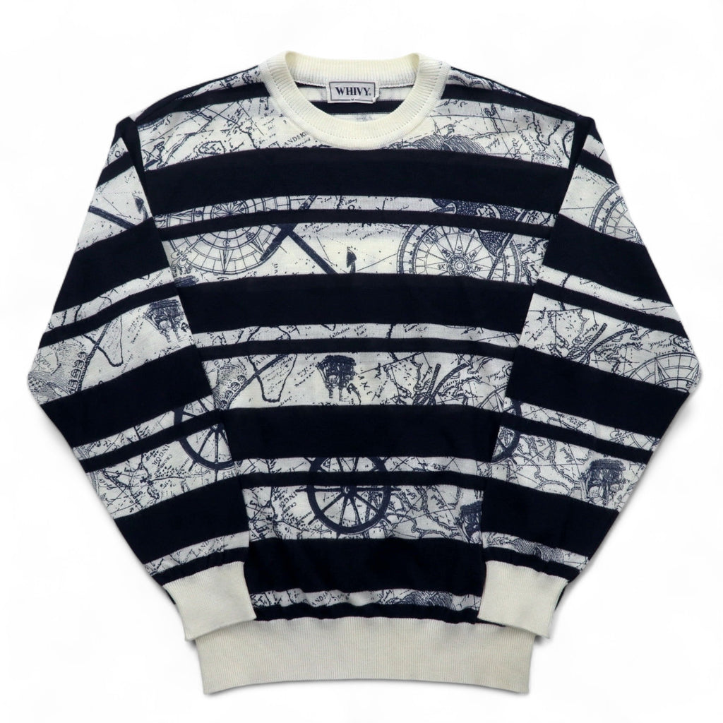 Vintage 90s Retro Striped Sweater WHIVY Linen Knit Sweater M White Border All-over Pattern Hemp