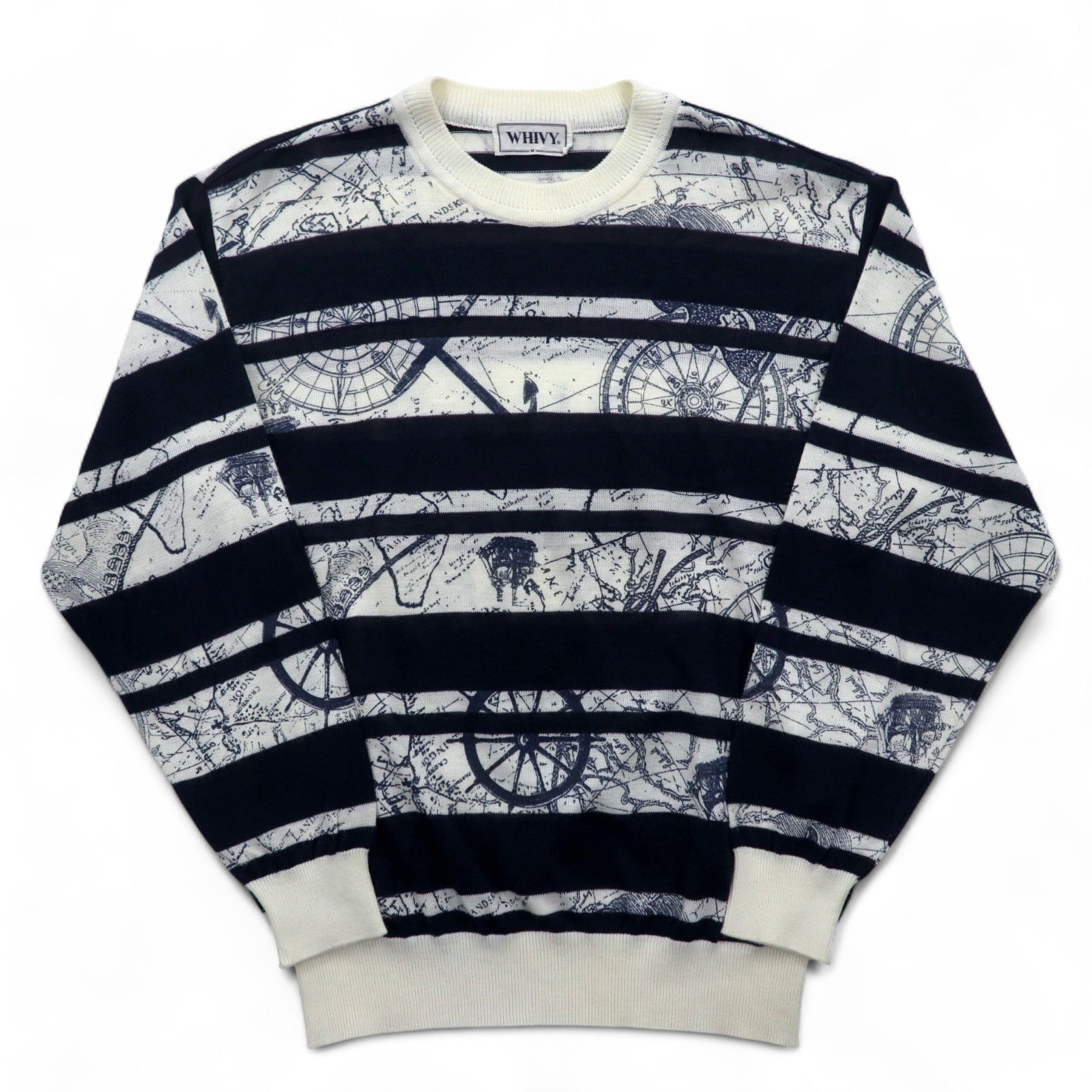 Vintage 90s Retro Striped Sweater WHIVY リネンニット セーター M ホワイト ボーダー 総柄 麻