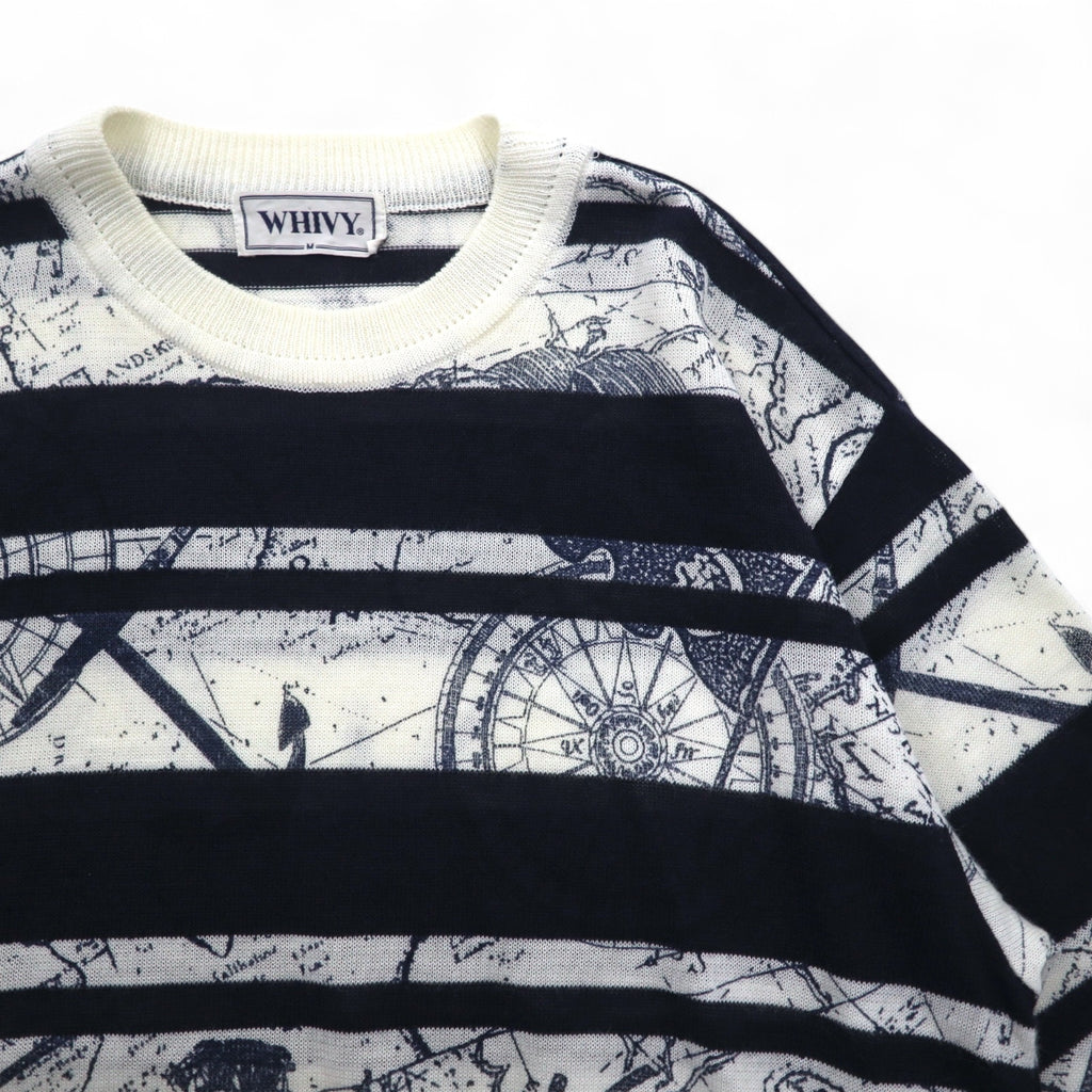 Vintage 90s Retro Striped Sweater WHIVY Linen Knit Sweater M White Border All-over Pattern Hemp