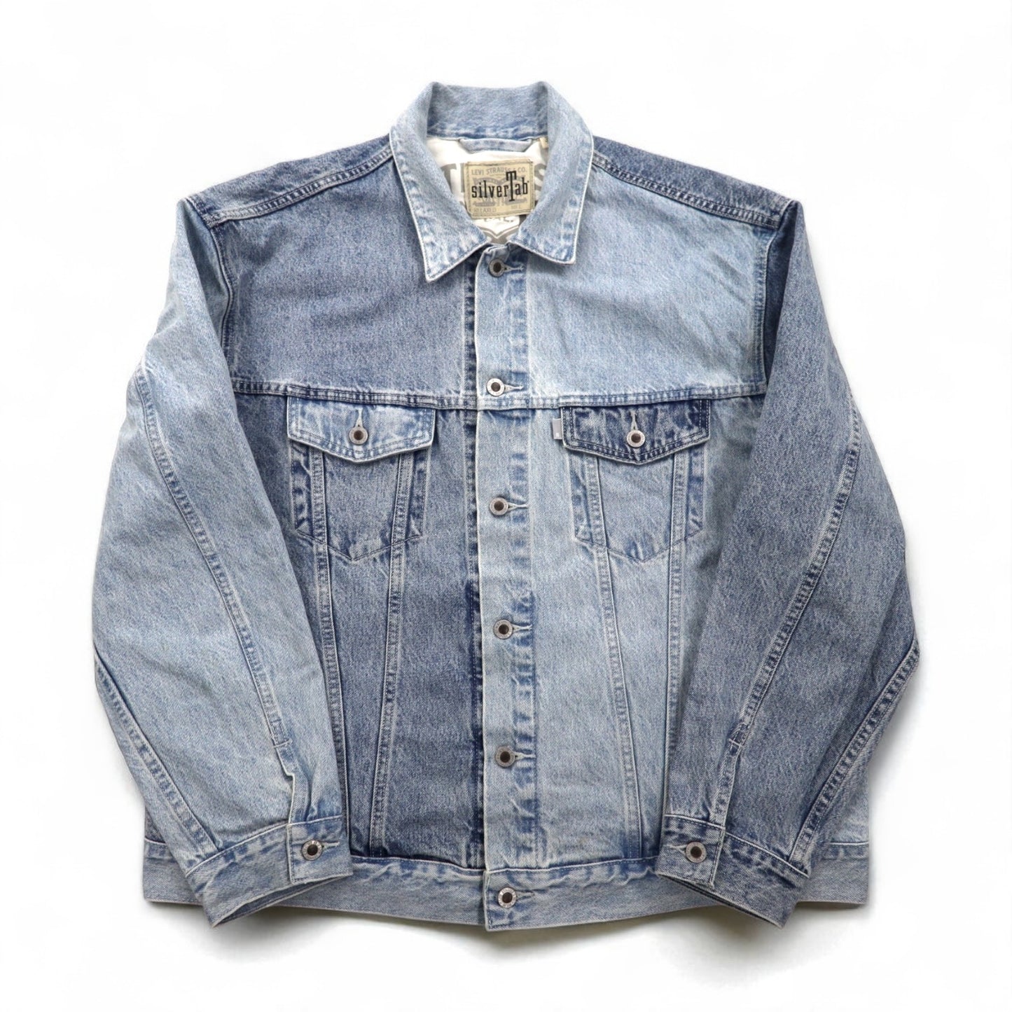 Levi's SILVER TAB Relaxed Trucker Jacket, Size L, Indigo and Light Blue Two-Tone, HEART IS GOOD, A31790005
