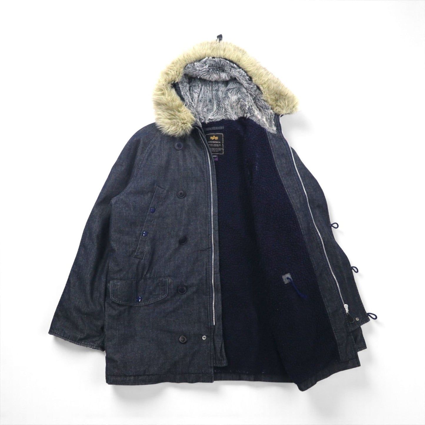 ALPHA INDUSTRIES N-3B Denim Flight Jacket, XL, with Boa Liner and Detachable Fur Lining