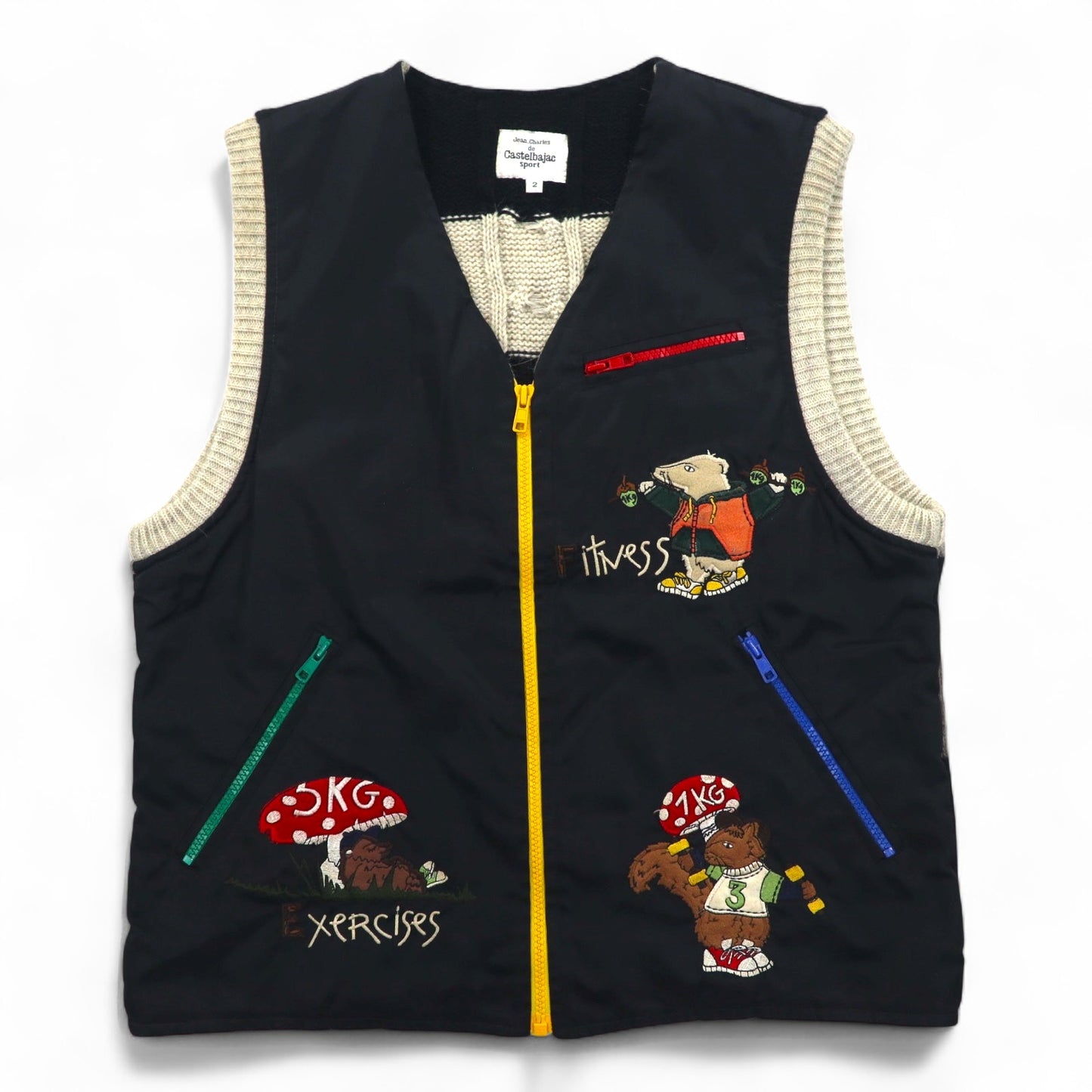 Castelbajac sport イタリア製 90年代 異素材切り替え フルジップ ベスト M ブラック キャラクター刺繍