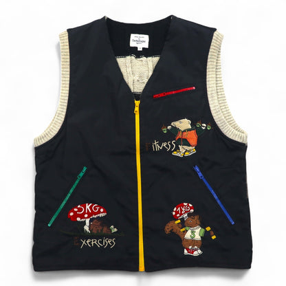 Castelbajac sport イタリア製 90年代 異素材切り替え フルジップ ベスト M ブラック キャラクター刺繍