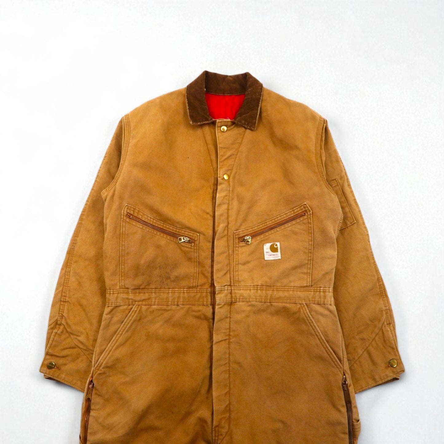Carhartt 1970s USA-made duck padded jumpsuit, size L, camel, with quilted liner and gripper zipper. Item number 996QZ.