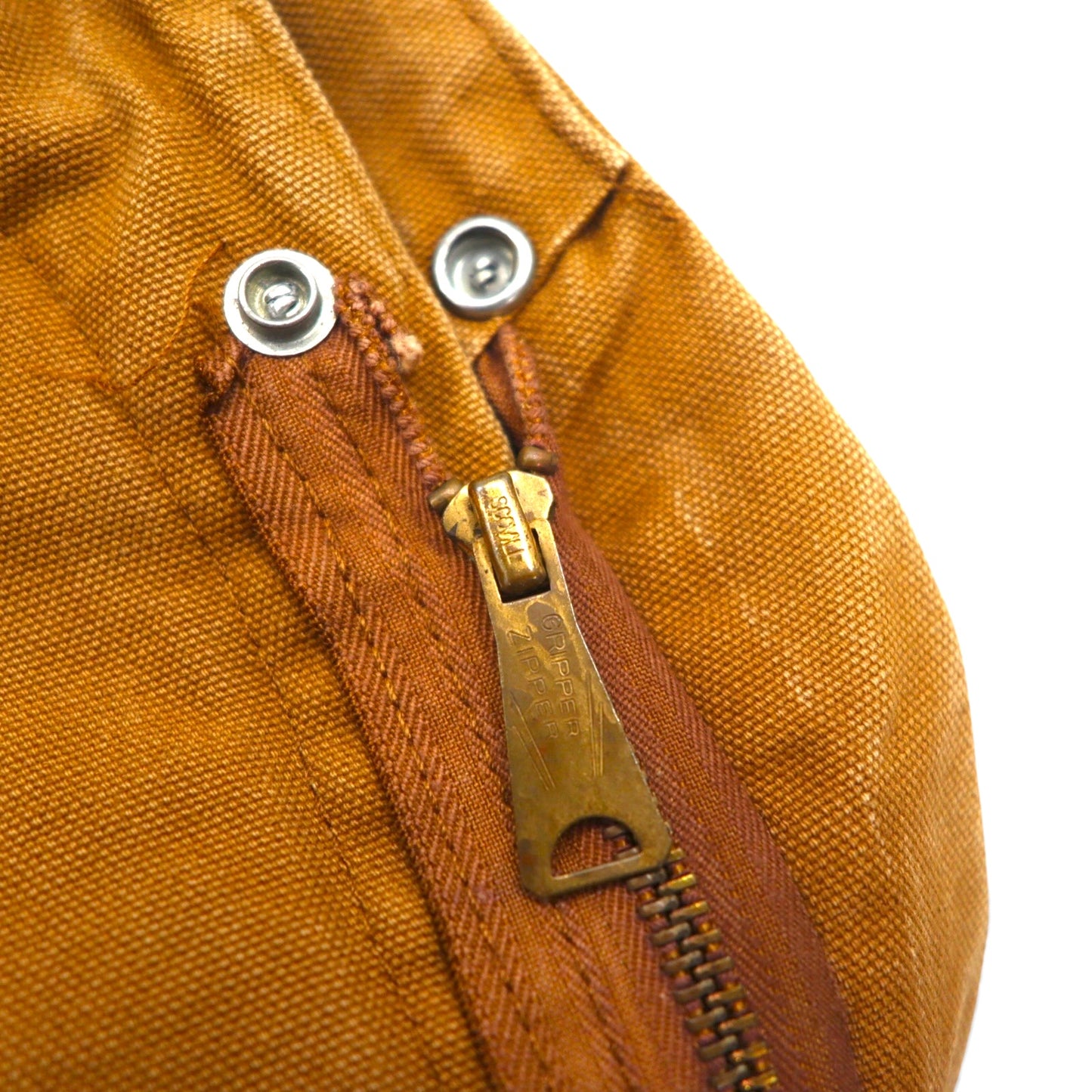 Carhartt 1970s USA-made duck padded jumpsuit, size L, camel, with quilted liner and gripper zipper. Item number 996QZ.