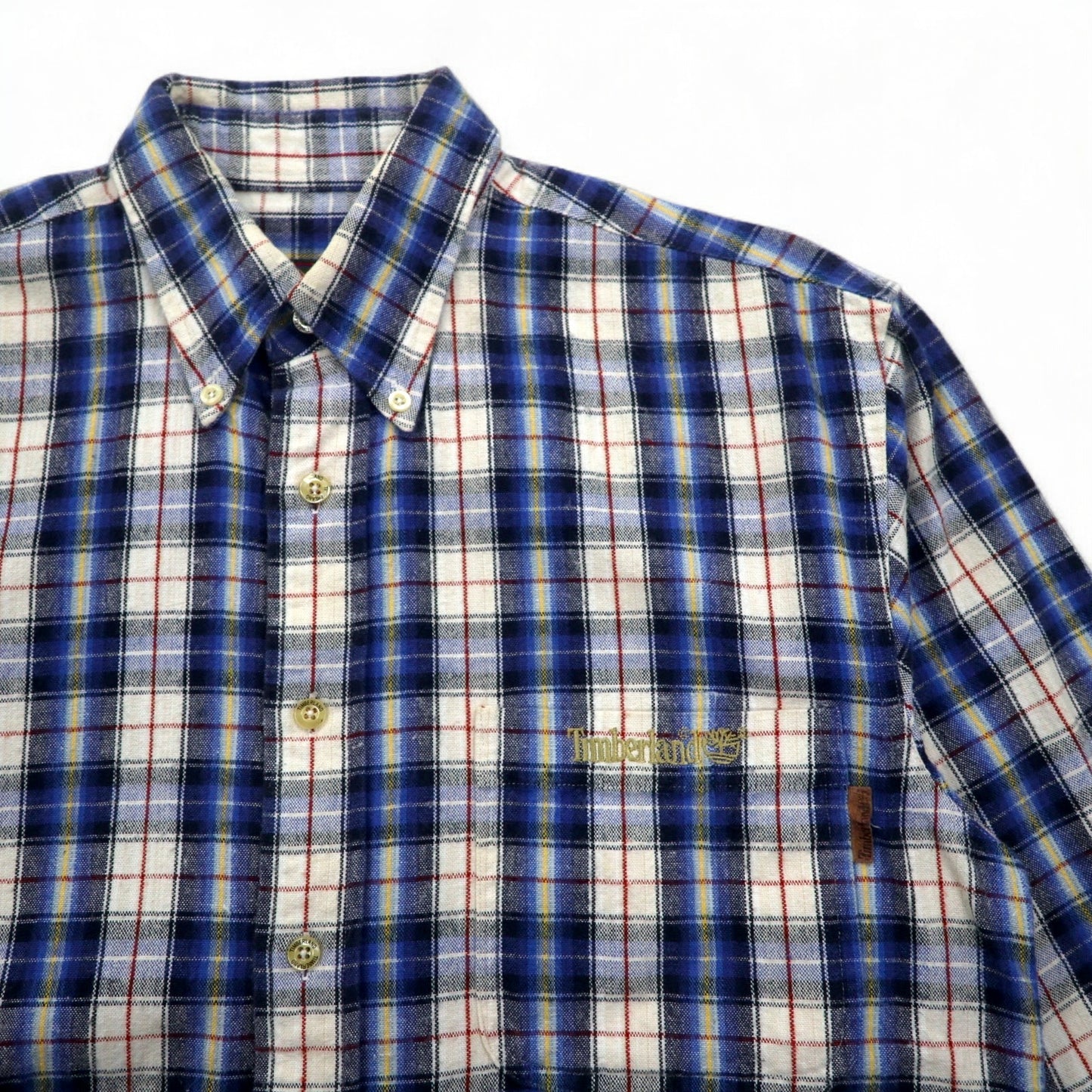 Timberland WEATHERGEAR ボタンダウンシャツ S ブルー チェック コットン ワンポイントロゴ刺繍