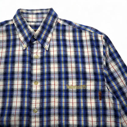 Timberland WEATHERGEAR ボタンダウンシャツ S ブルー チェック コットン ワンポイントロゴ刺繍