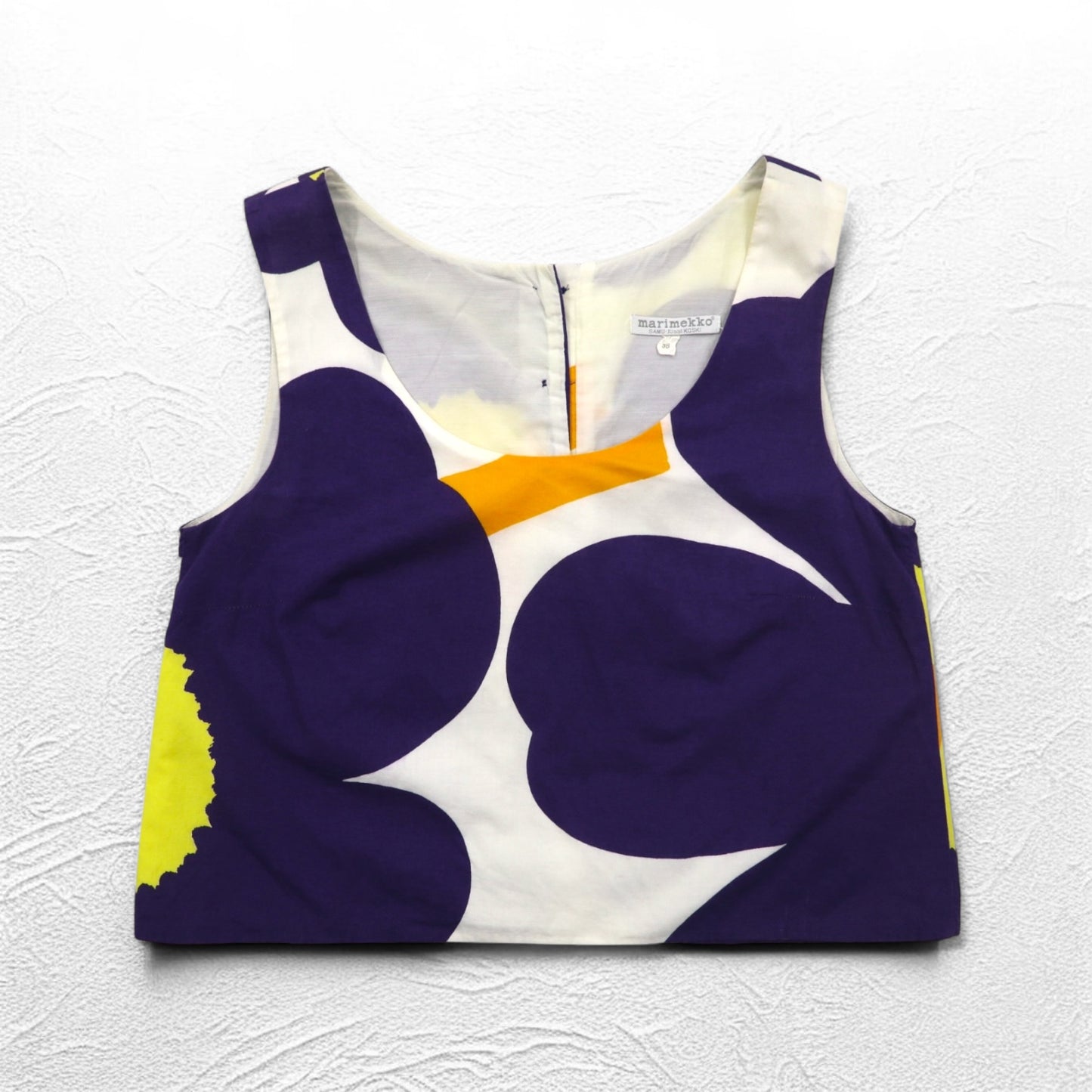 marimekko ノースリーブ クロップド トップス ブラウス S ホワイト パープル 総柄 ウニッコ