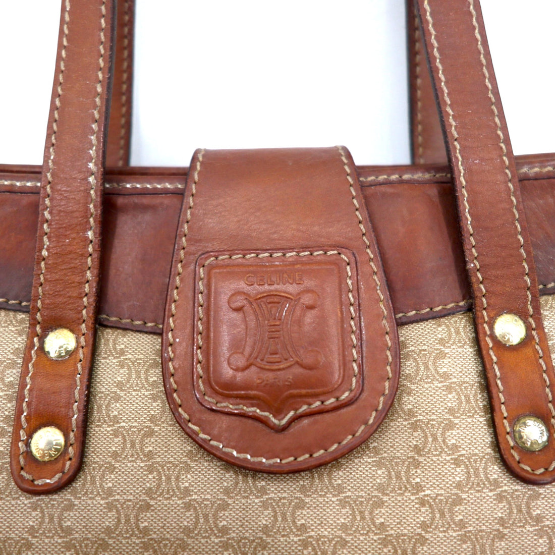 CELINE Made in Italy Old Macadam Tote Bag Beige Logo All-over Print Riri Zip M06