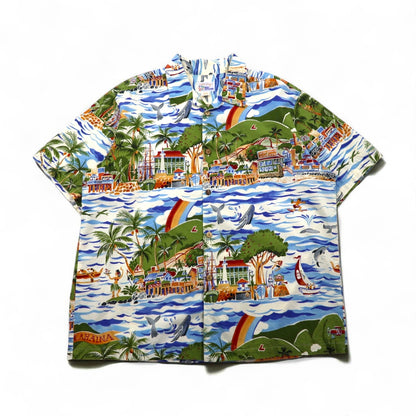 Exclusive Apparel By reyn spooner 90年代 非売品 ハワイ製 ビキニタグ アロハシャツ 2XL ブルー 総柄