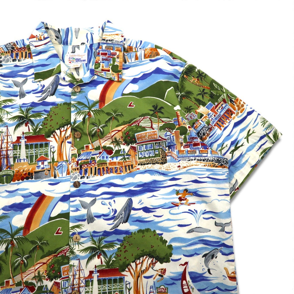 Exclusive Apparel by Reyn Spooner 90s Made in Hawaii Bikini Tag Aloha Shirt, Size XL, Blue, All-Over Print