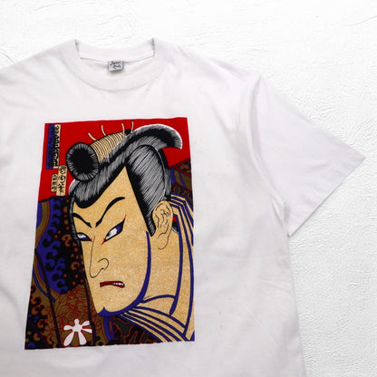 Japan Shine 浮世絵 プリント Tシャツ L ホワイト コットン 日本画 歌舞伎 尾上菊五郎