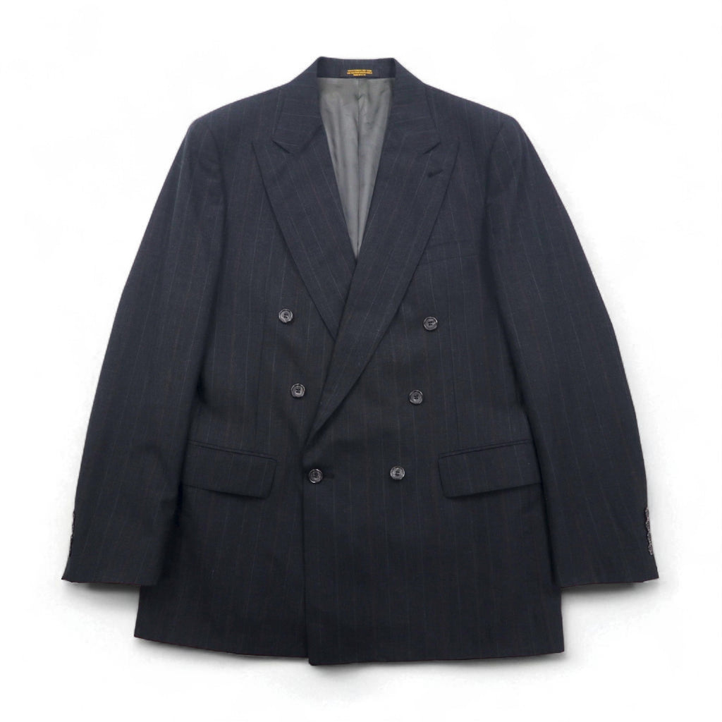 Vintage 80s USA Made Pinstripe Double Breasted Blazer Jacket by EVAN PICONE. Size L. Made in the USA. Features an ACTWU tag. Tailored for Foleys.