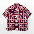 Navy Flag open collar aloha shirt, M, burgundy, rayon, all-over pattern, hibiscus