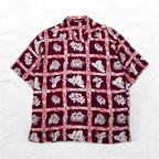 Navy Flag open collar aloha shirt, M, burgundy, rayon, all-over pattern, hibiscus