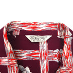 Navy Flag open collar aloha shirt, M, burgundy, rayon, all-over pattern, hibiscus