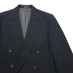 Vintage 80s USA Made Pinstripe Double Breasted Blazer Jacket by EVAN PICONE. Size L. Made in the USA. Features an ACTWU tag. Tailored for Foleys.