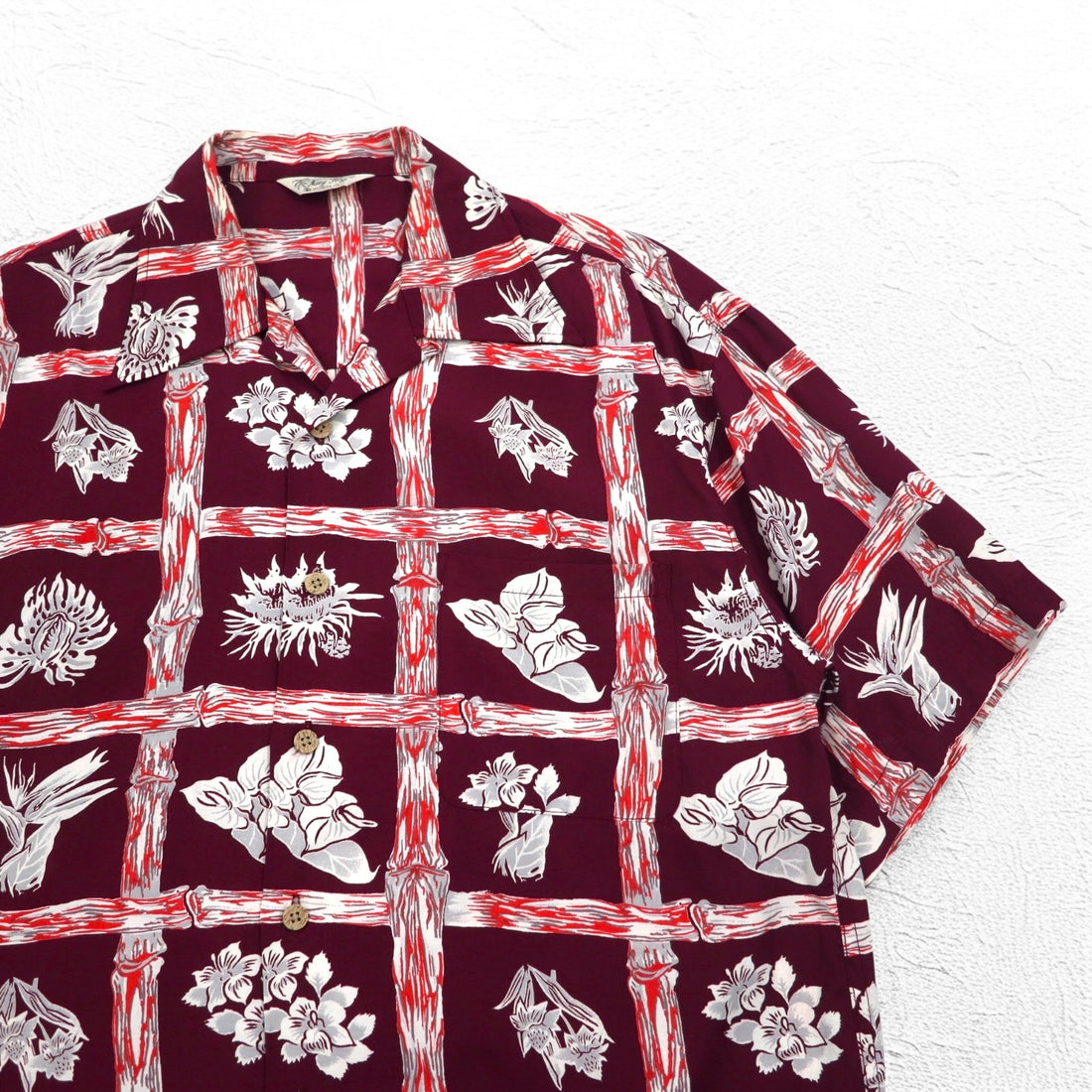 Navy Flag open collar aloha shirt, M, burgundy, rayon, all-over pattern, hibiscus