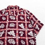 Navy Flag open collar aloha shirt, M, burgundy, rayon, all-over pattern, hibiscus
