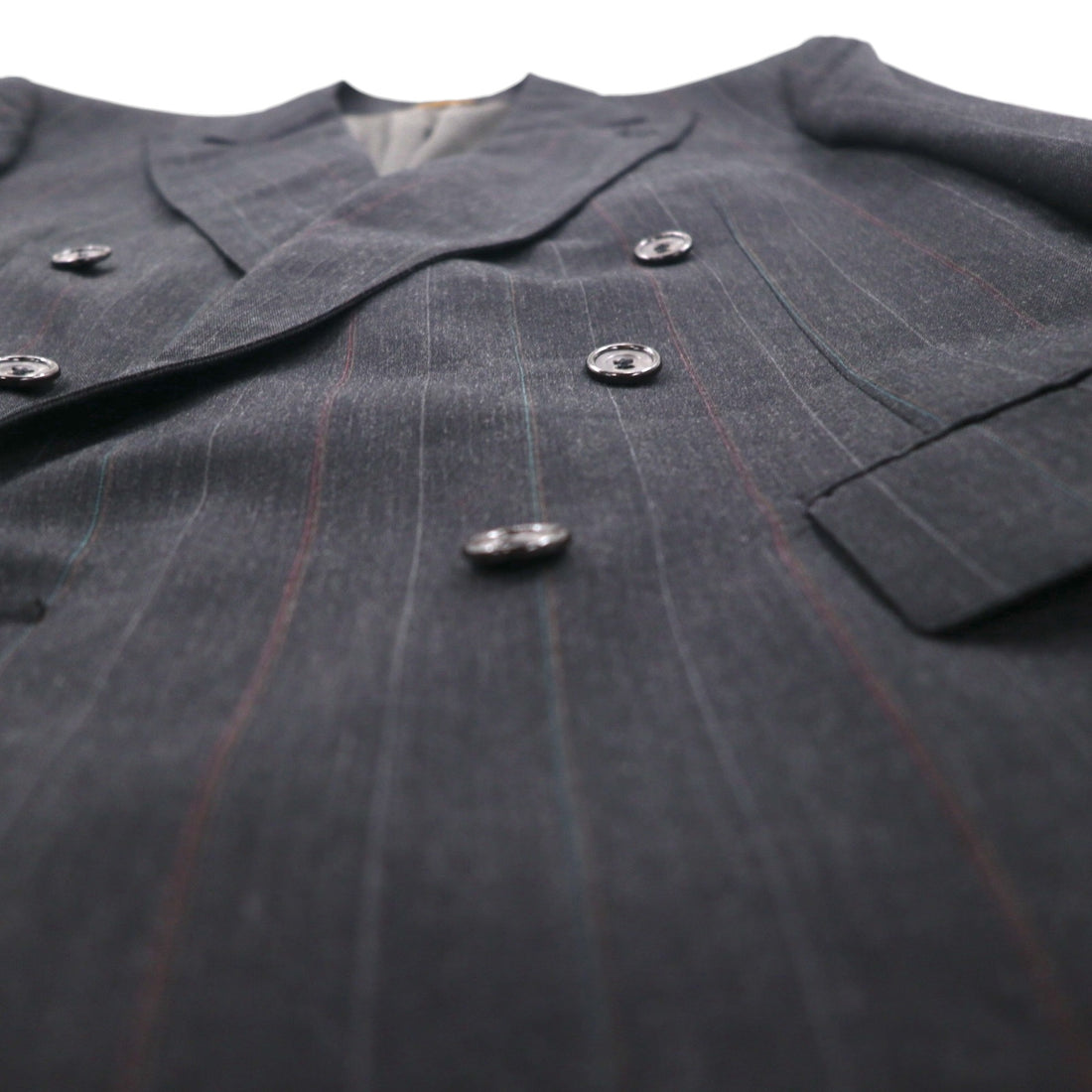 Vintage 80s USA Made Pinstripe Double Breasted Blazer Jacket by EVAN PICONE. Size L. Made in the USA. Features an ACTWU tag. Tailored for Foleys.