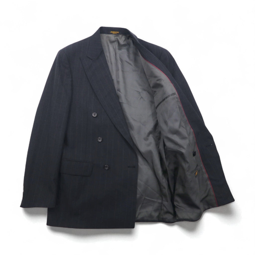 Vintage 80s USA Made Pinstripe Double Breasted Blazer Jacket by EVAN PICONE. Size L. Made in the USA. Features an ACTWU tag. Tailored for Foleys.