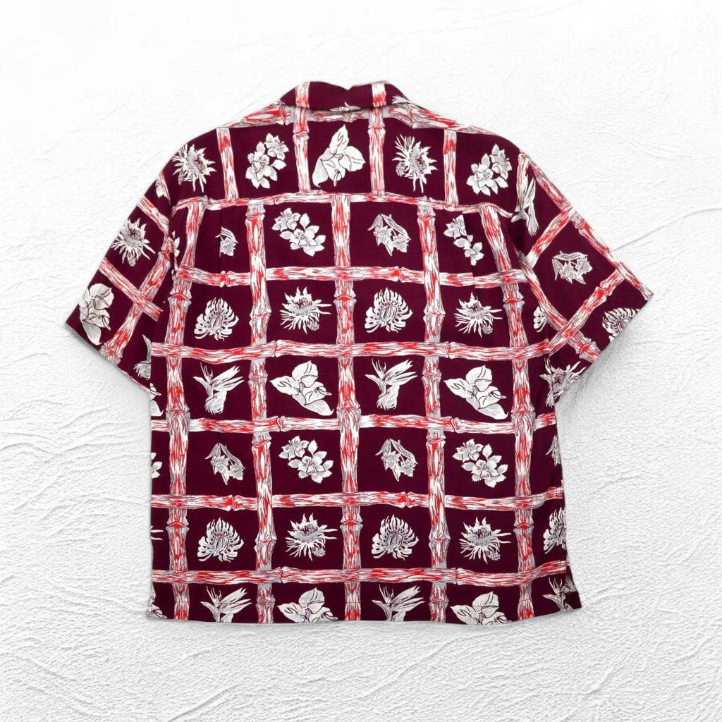 Navy Flag open collar aloha shirt, M, burgundy, rayon, all-over pattern, hibiscus