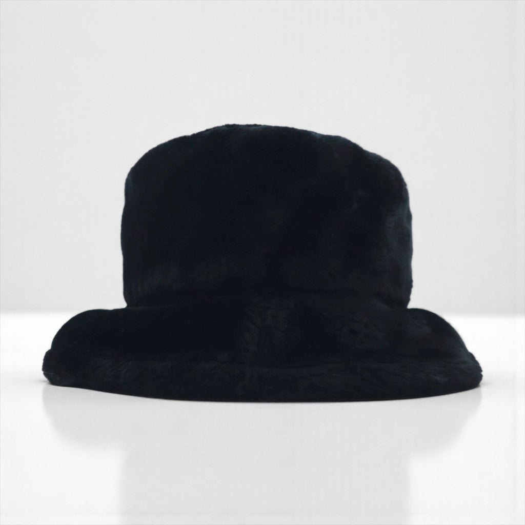 90s Vintage Faux Fur Bucket Hat, Black, Eco-Fur