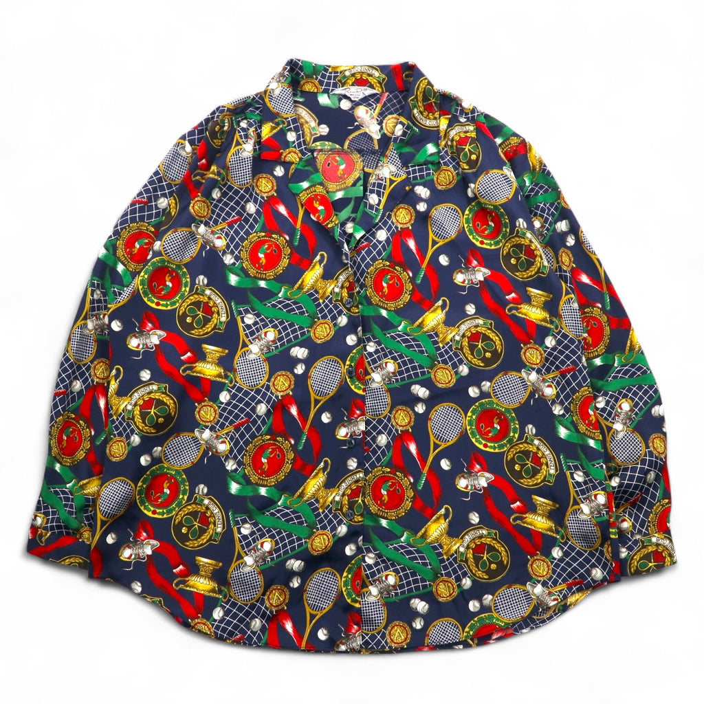Vintage 90s Japan Made Open Collar Retro Shirt Ram Roll Scarf Pattern Open Collar Shirt Poly Shirt XL Navy Retro