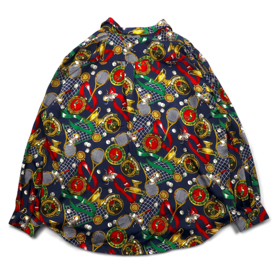 Vintage 90s Japan Made Open Collar Retro Shirt Ram Roll Scarf Pattern Open Collar Shirt Poly Shirt XL Navy Retro