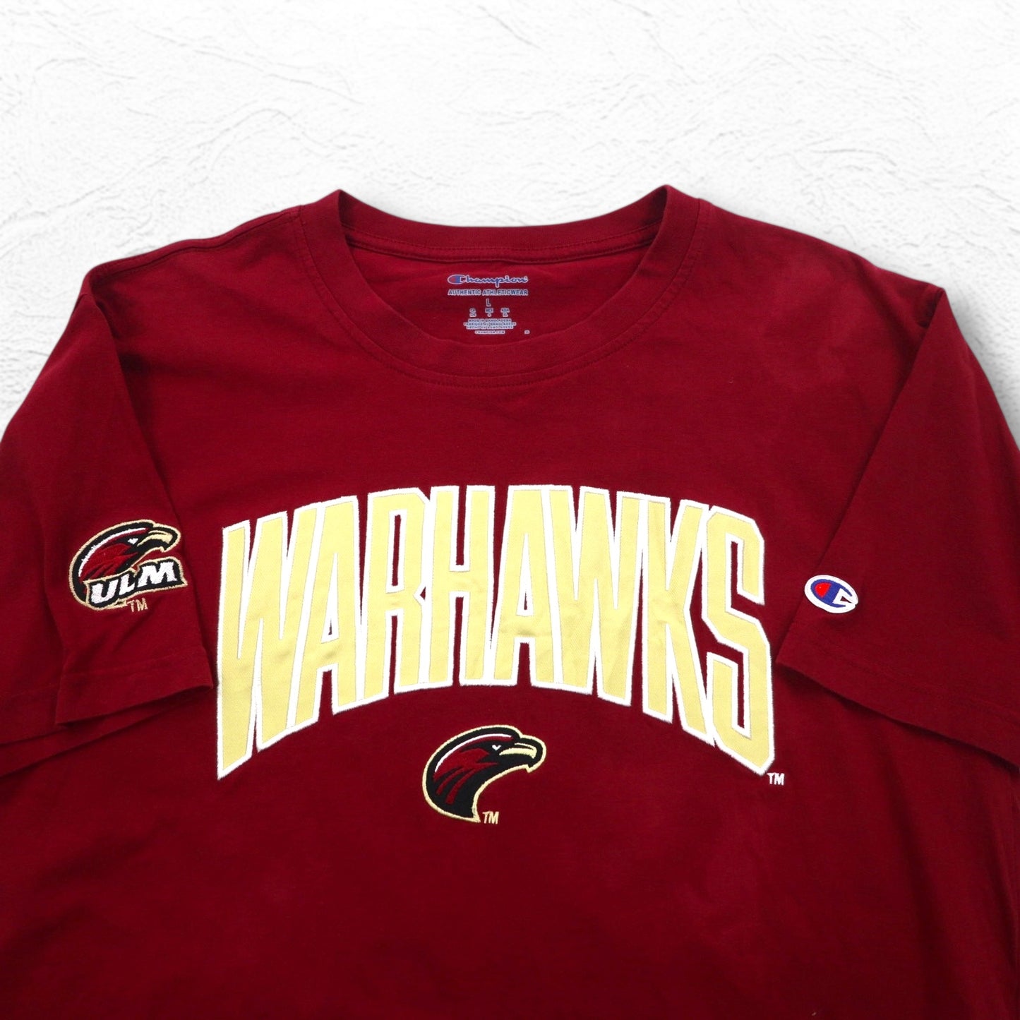 Champion カレッジ刺繍 Tシャツ XL ボルドー コットン WARHAWKS アーチロゴ