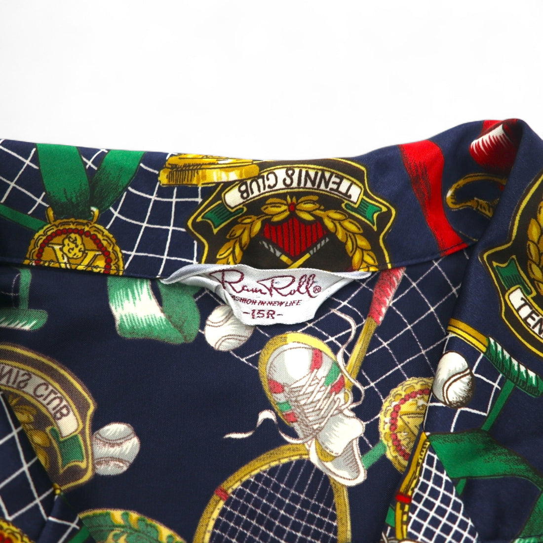 Vintage 90s Japan Made Open Collar Retro Shirt Ram Roll Scarf Pattern Open Collar Shirt Poly Shirt XL Navy Retro