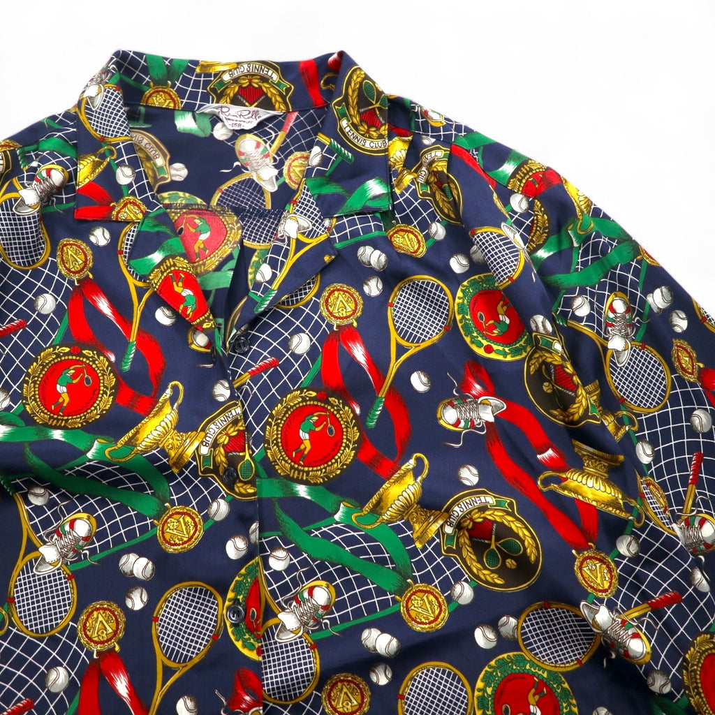 Vintage 90s Japan Made Open Collar Retro Shirt Ram Roll Scarf Pattern Open Collar Shirt Poly Shirt XL Navy Retro
