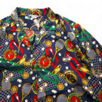 Vintage 90s Japan Made Open Collar Retro Shirt Ram Roll Scarf Pattern Open Collar Shirt Poly Shirt XL Navy Retro