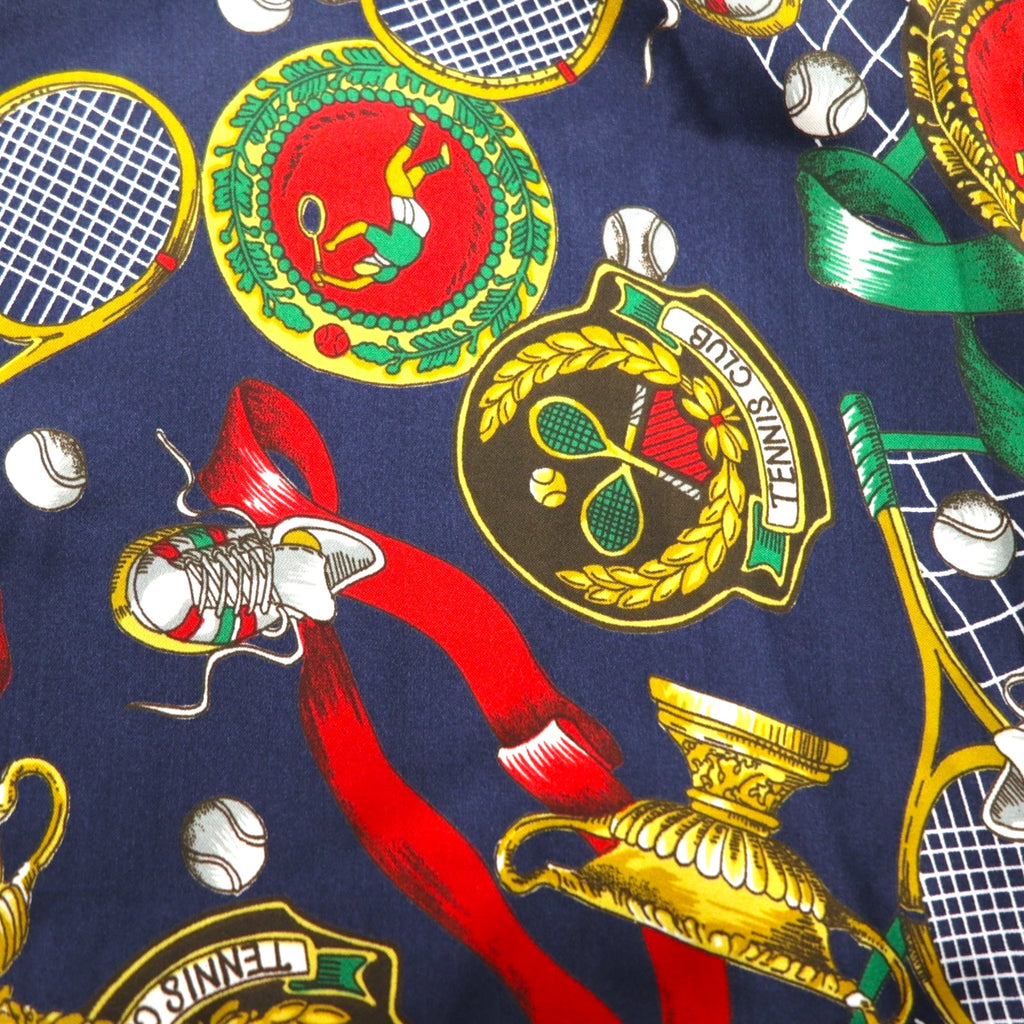 Vintage 90s Japan Made Open Collar Retro Shirt Ram Roll Scarf Pattern Open Collar Shirt Poly Shirt XL Navy Retro