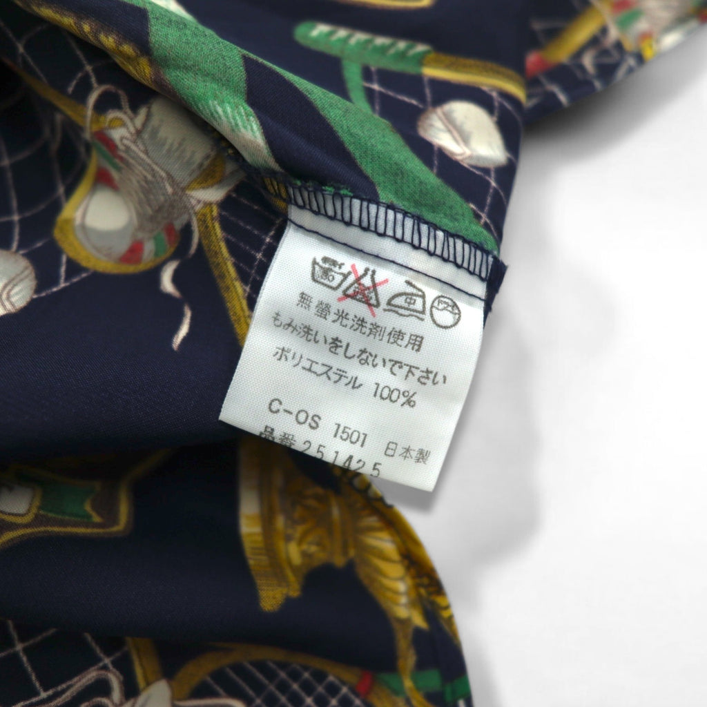 Vintage 90s Japan Made Open Collar Retro Shirt Ram Roll Scarf Pattern Open Collar Shirt Poly Shirt XL Navy Retro