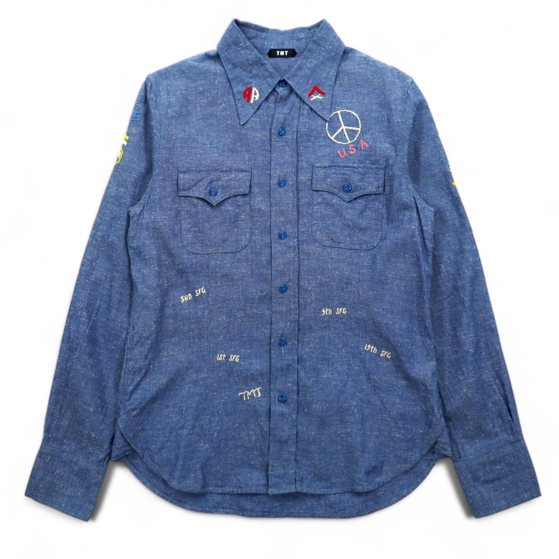 TMT Souvenir Embroidered Chambray Shirt M Indigo Blue BIG HOLIDAY Made in Japan