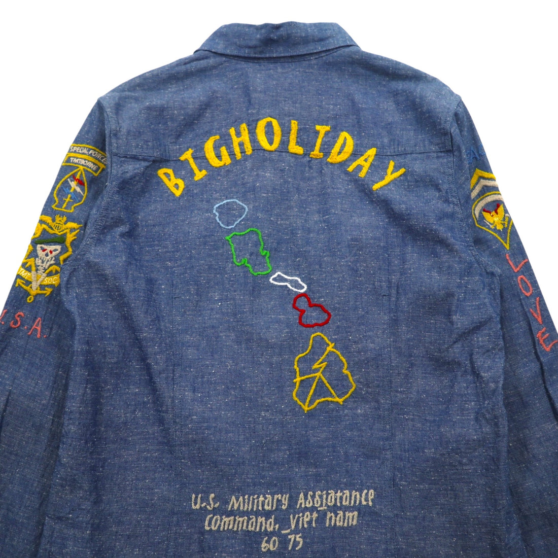 TMT Souvenir Embroidered Chambray Shirt M Indigo Blue BIG HOLIDAY Made in Japan