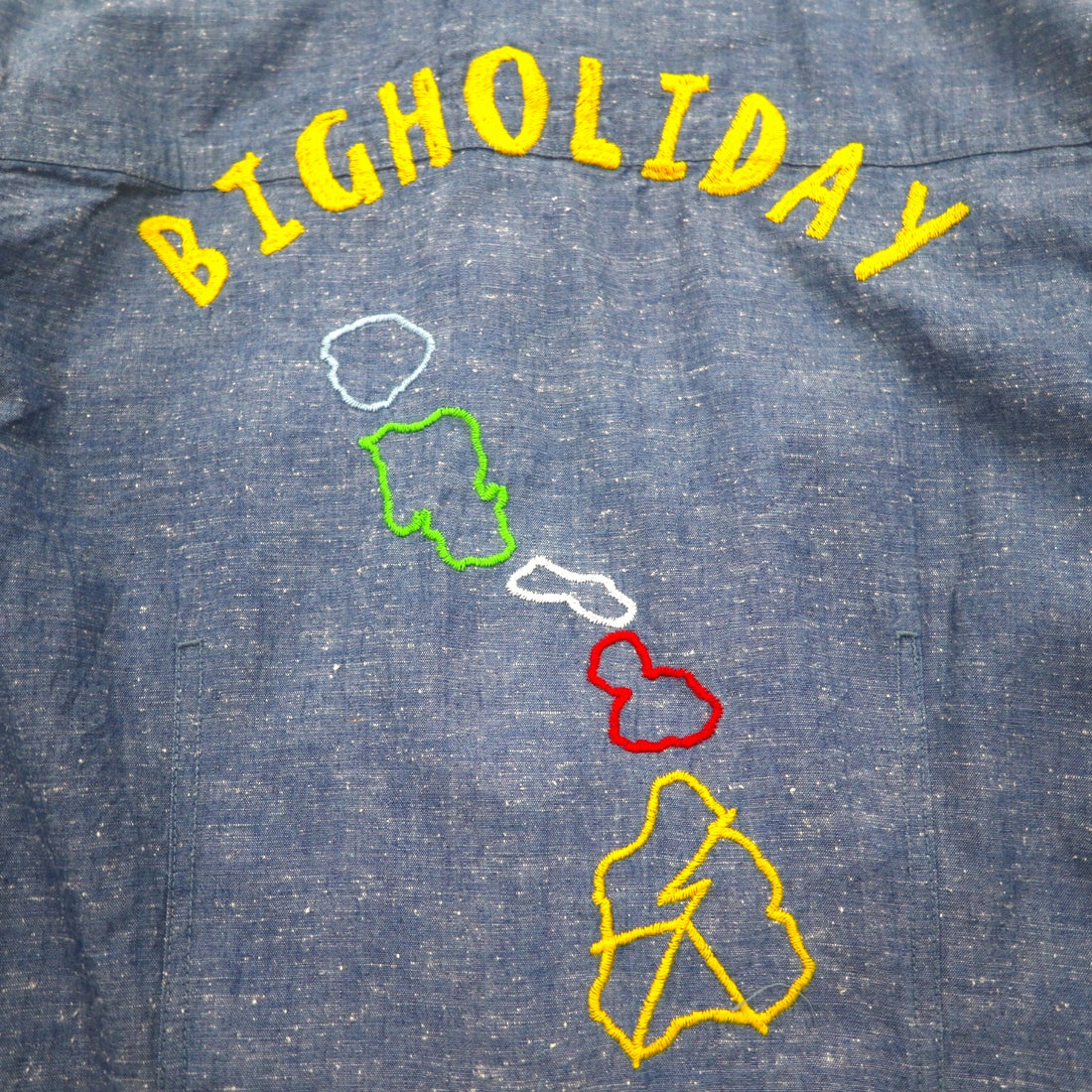 TMT Souvenir Embroidered Chambray Shirt M Indigo Blue BIG HOLIDAY Made in Japan