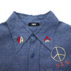 TMT Souvenir Embroidered Chambray Shirt M Indigo Blue BIG HOLIDAY Made in Japan
