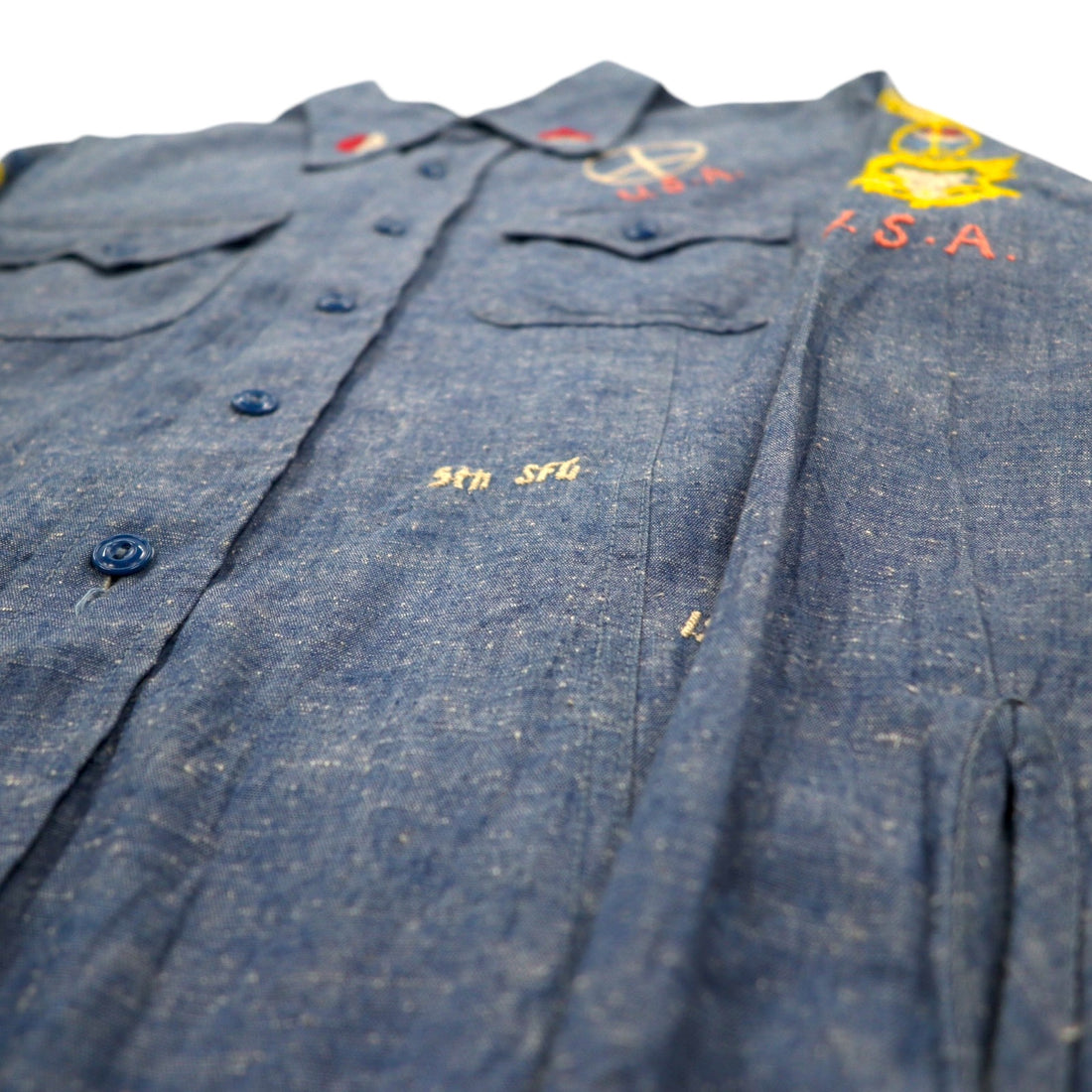 TMT Souvenir Embroidered Chambray Shirt M Indigo Blue BIG HOLIDAY Made in Japan
