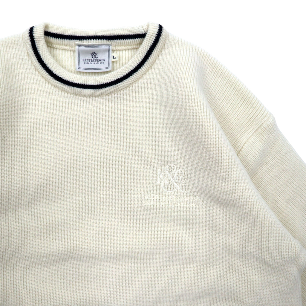 KENT & CURWEN ケーブル ニット セーター L ホワイト ウール ロゴ 刺繍 日本製