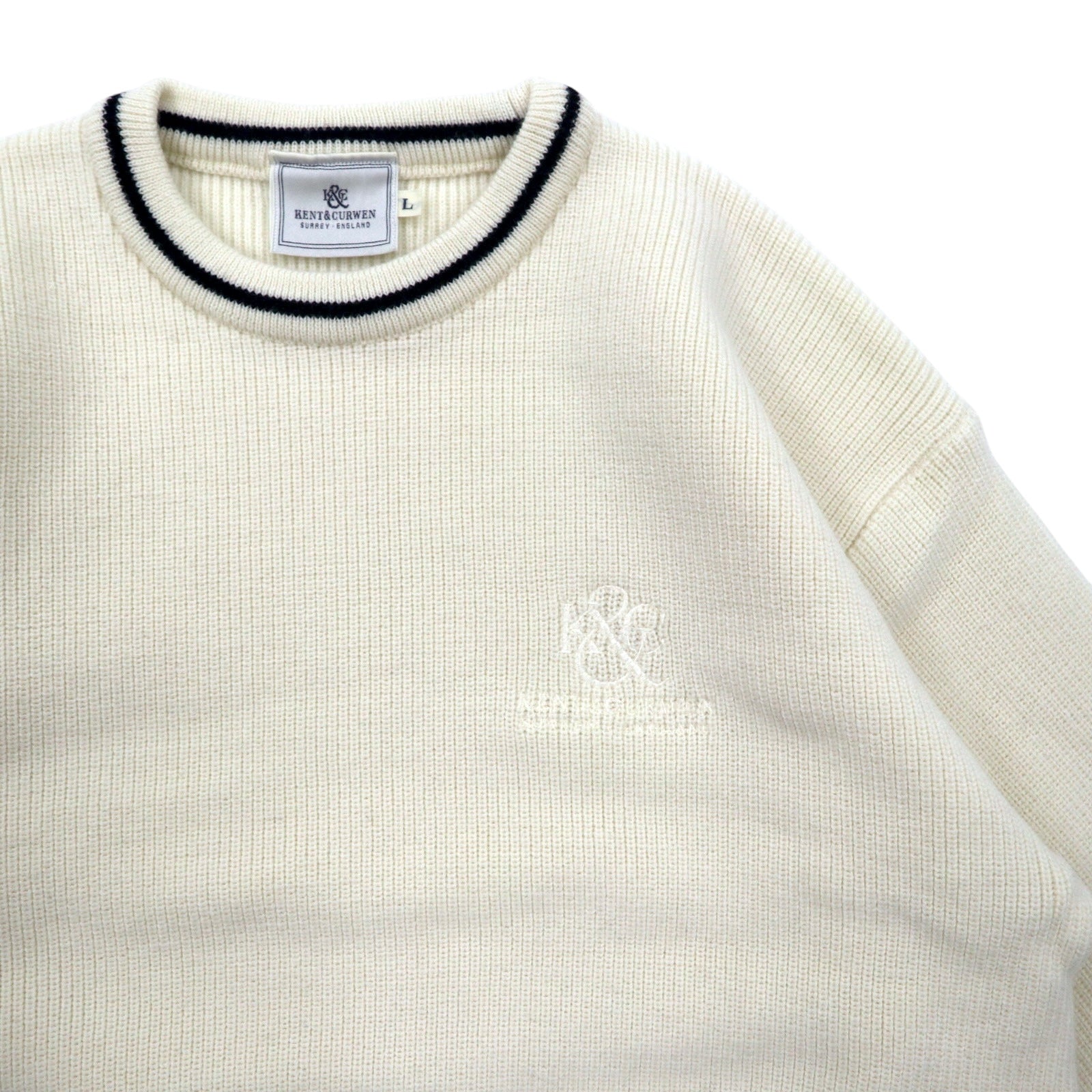 KENT & CURWEN ケーブル ニット セーター L ホワイト ウール ロゴ 刺繍 日本製