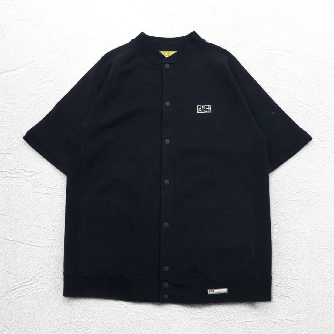 FLIP THE SCRIPT 90s Short Sleeve Sweat Jacket, Stadium Jacket, 2XL, Black, Snap Buttons, Slash Pockets