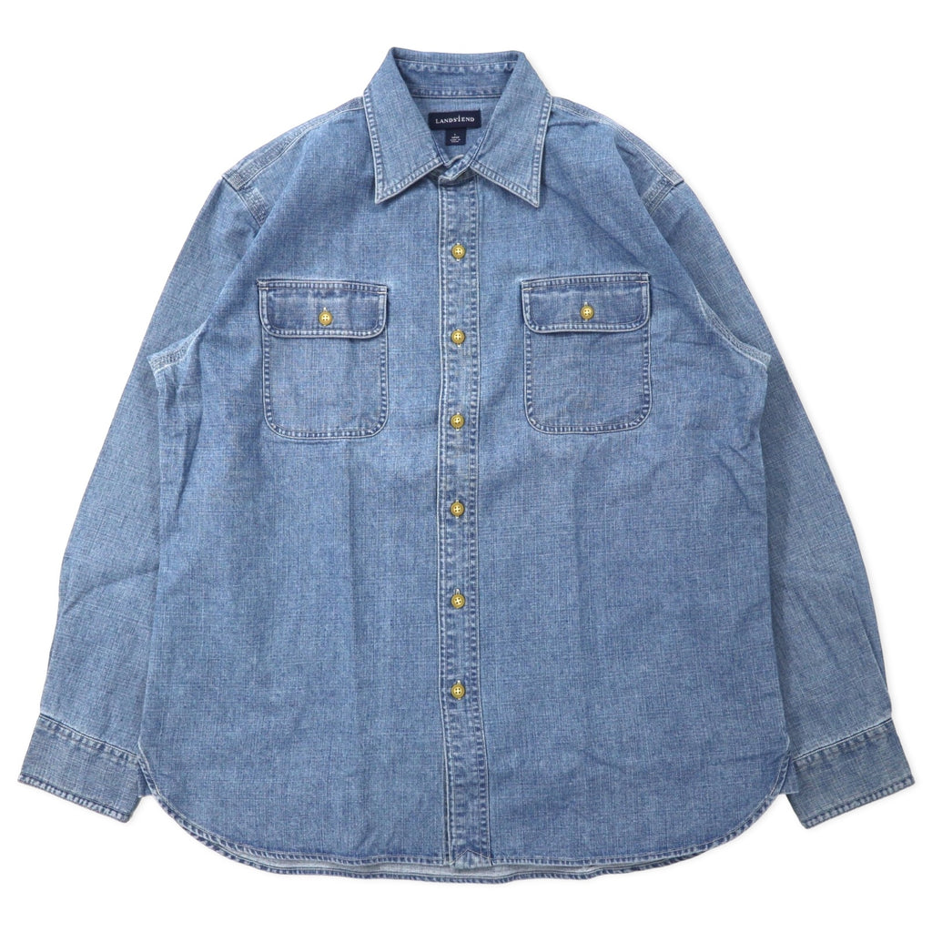 日本然リトテ-古着オンライン-LANDS' END デニム ワークシャツ L ブルー コットン ビッグサイズ-LANDS' END Denim Work Shirt L Blue Cotton Big Size
