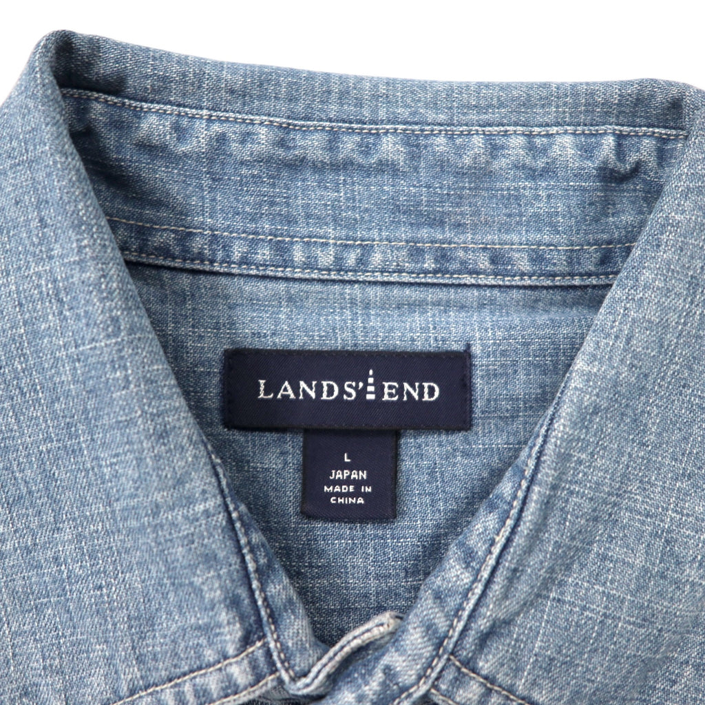 LANDS' END Denim Work Shirt L Blue Cotton Big Size