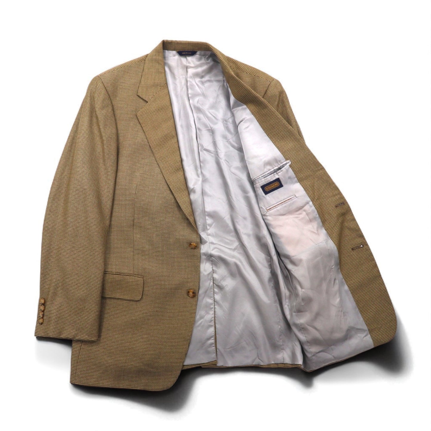 COACH USA製 オールドコーチ ガンクラブチェック 2B テーラードジャケット L ベージュ シルク混 ウール