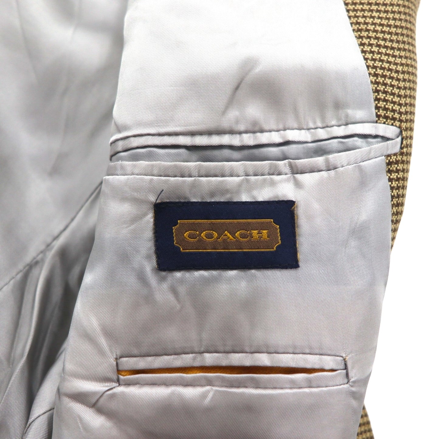COACH USA製 オールドコーチ ガンクラブチェック 2B テーラードジャケット L ベージュ シルク混 ウール