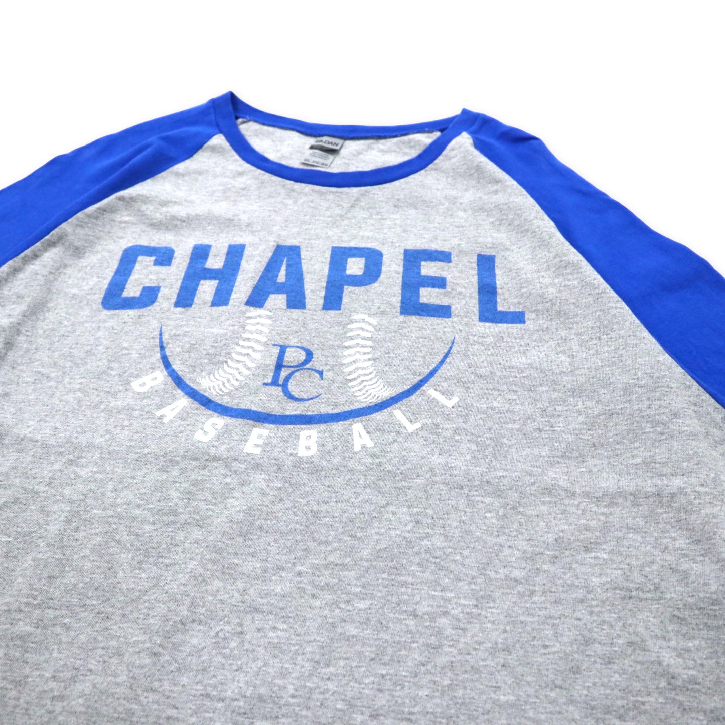 GILDAN ベースボールプリント ラグランTシャツ 2XL グレー ブルー コットン CHAPEL BASEBALL ビッグサイズ