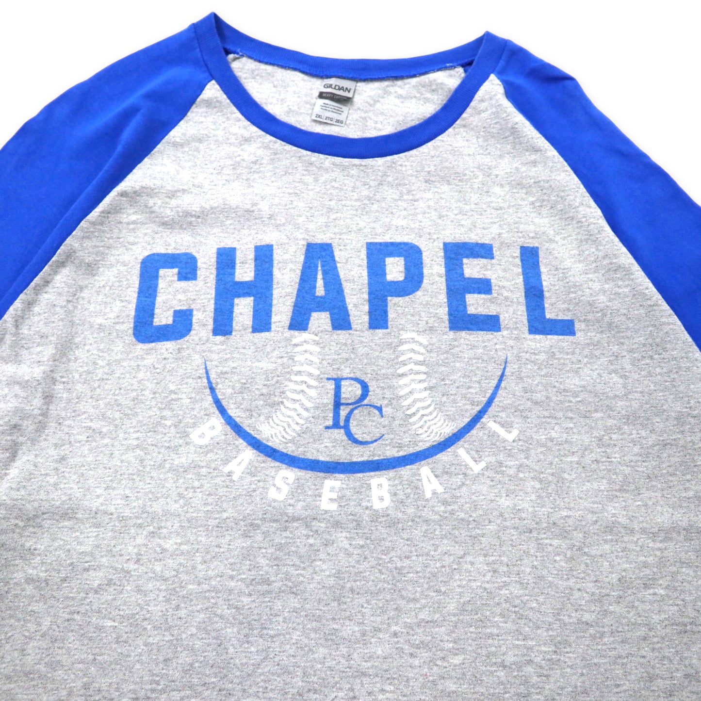 GILDAN ベースボールプリント ラグランTシャツ 2XL グレー ブルー コットン CHAPEL BASEBALL ビッグサイズ